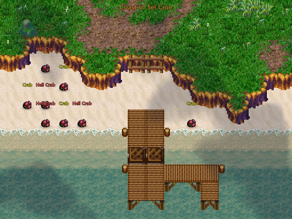 Coast of Sel Crue: a sandy beach and wooden pier with crabs to fight