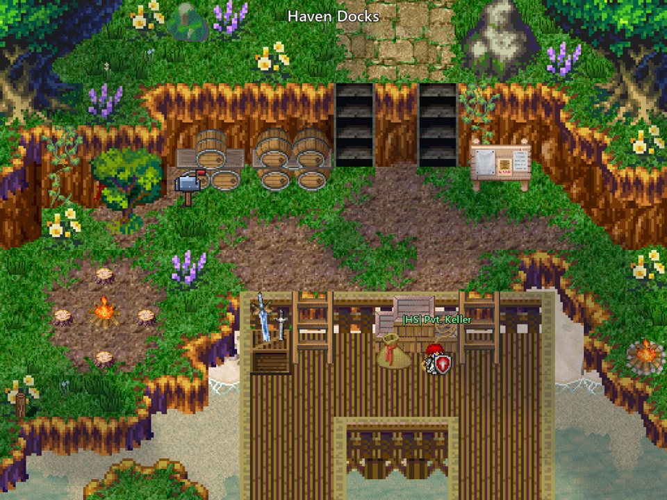 Haven Docks: a pixel-art harbour town with barrels, a quest board and a guard on the wooden pier