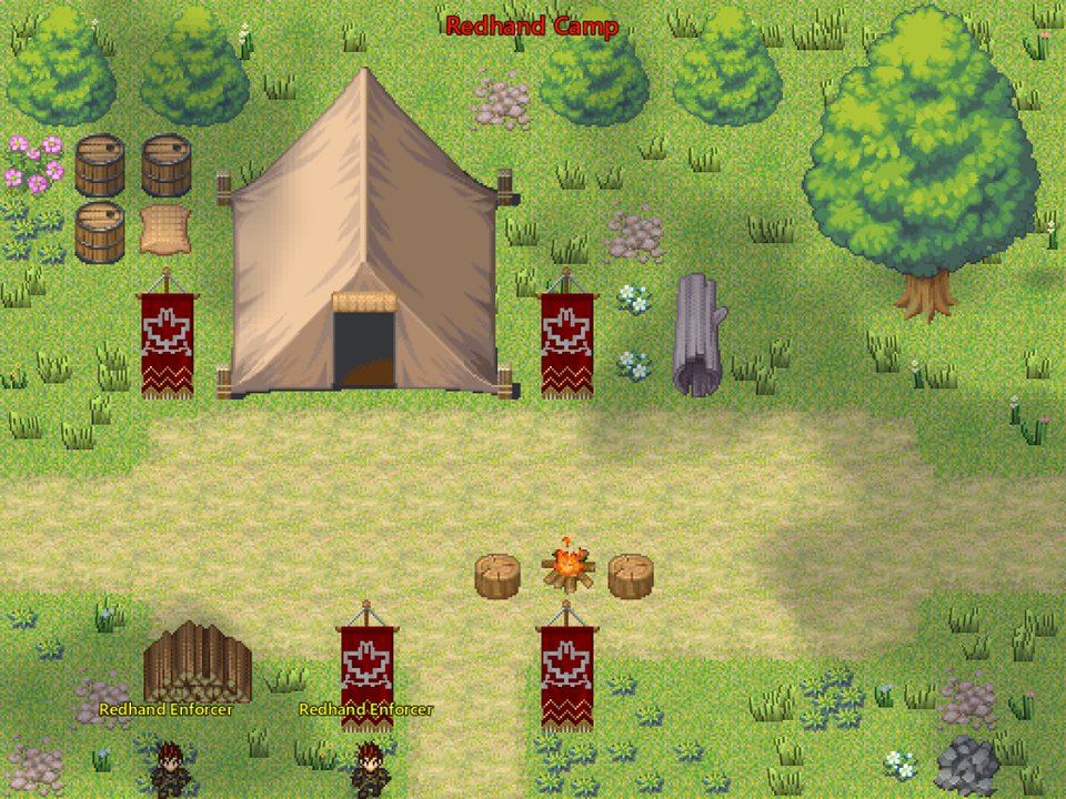 Redhand Camp: a bandit tent camp in the forest with red banners and enforcers
