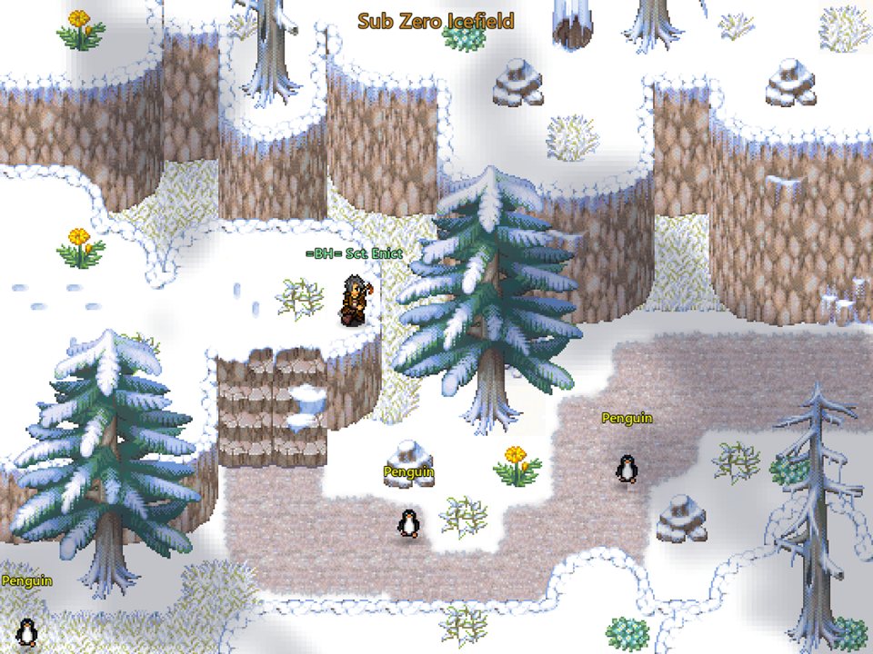 Sub Zero Icefield: snowy cliffs and pine trees with penguins