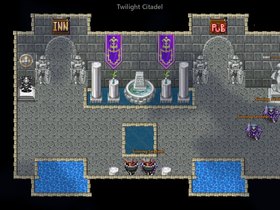 Twilight Citadel: a stone hall with purple banners, fountains and armoured sentinels